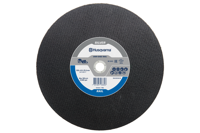Vue de face d’un disque de coupe à rail argenté Husqvarna.