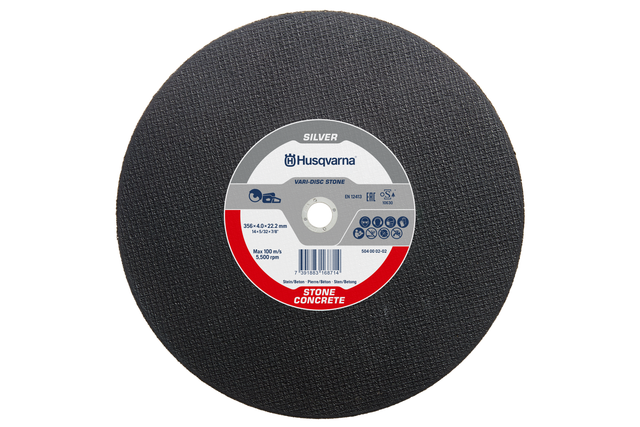Vista frontale di un disco da taglio Husqvarna per calcestruzzo con specifiche visibili.