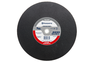 Vista frontale di un disco da taglio Husqvarna per calcestruzzo con specifiche visibili.
