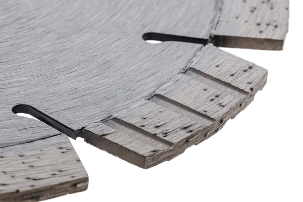 Close-up of a diamond blade used for cutting in construction.