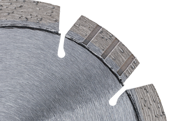 Close-up of a diamond blade used for cutting in construction.