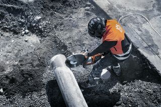 Top view of construction worker sawing with K 1 PACE