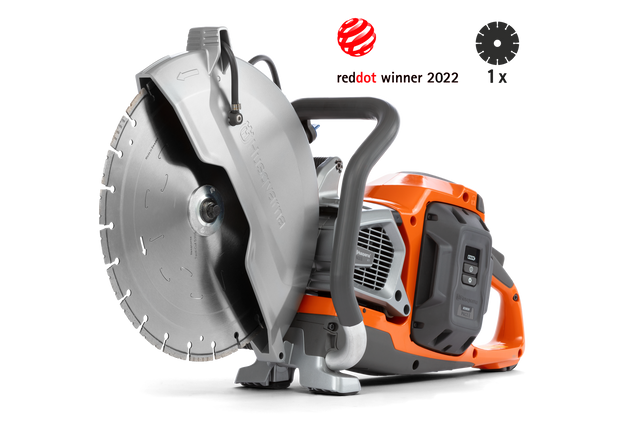 Side view of a power cutter with a circular blade, showcasing its design and features.