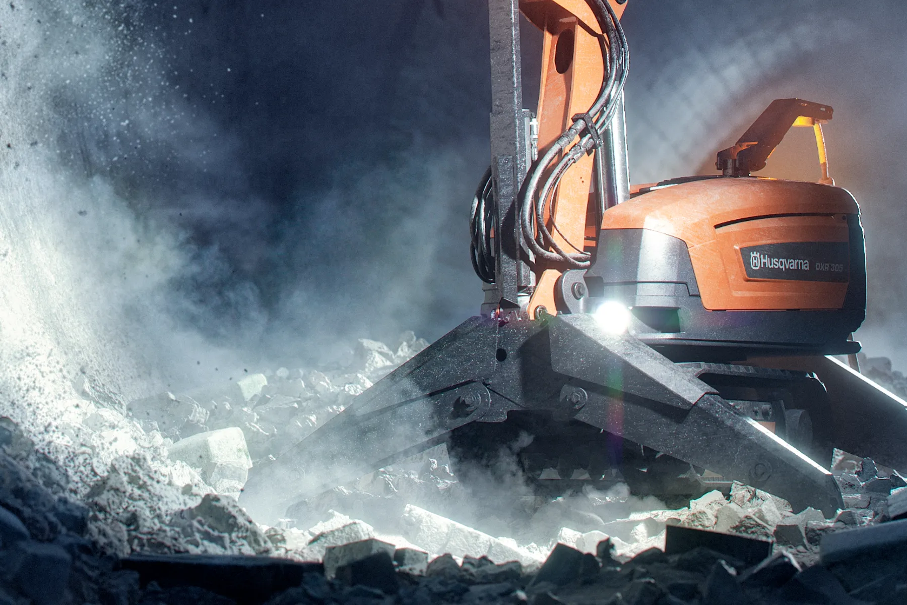 Husqvarna DXR 305 demolition robot working amid rubble and dust in an enclosed space.