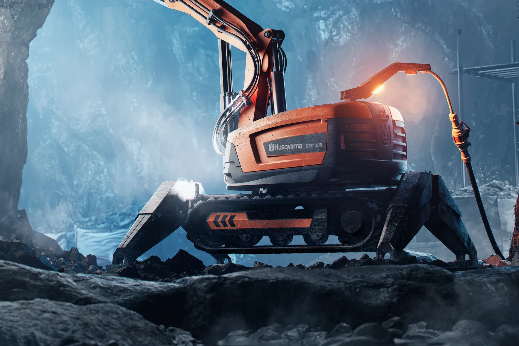 Husqvarna DXR 305 machine in a rocky underground tunnel with a raised hydraulic arm and work light.