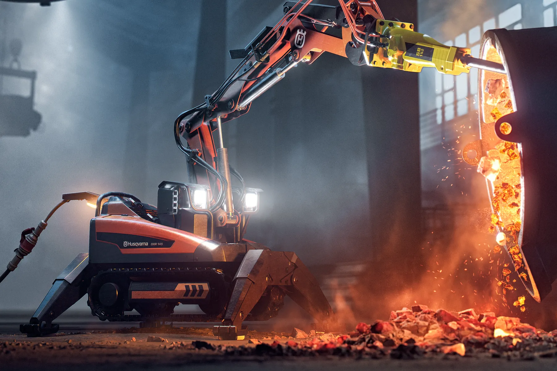 Husqvarna demolition robot operating a hydraulic breaker on glowing debris indoors.