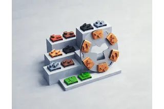 Top view of various construction accessories displayed on concrete platforms.