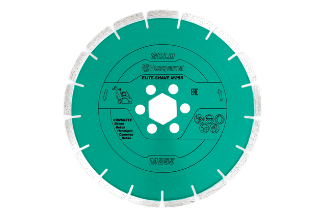 Front view of a diamond saw blade with segmented rim for cutting.