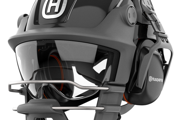 Front view of a Husqvarna safety helmet with ear protection and visor.