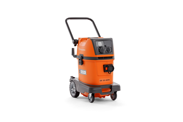 Side view of a Husqvarna DE 35 HEPA dust extractor with wheels and handle.